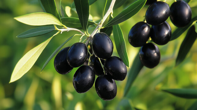 Ramos de azeitonas pretas maduras ainda na &aacute;rvore