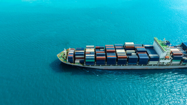 Aerial view of the freight shipping transport system cargo ship container. international transportation Export-import business, logistics, transportation industry concepts	