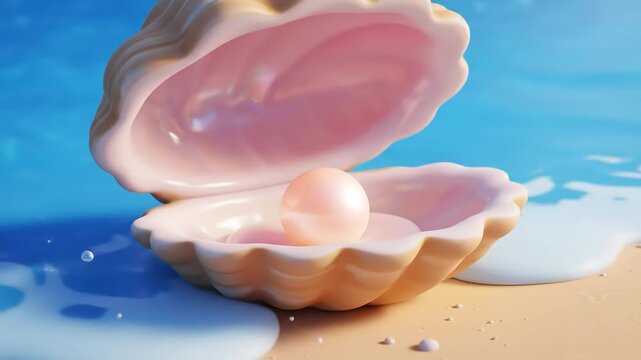 A precious pink pearl revealed inside an open seashell on a serene sandy beach with gentle ocean waves.