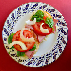 Pastrami on a bun with cheese, tomato and onion.