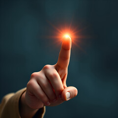I have an idea, close up of man's hand pointing the index finger that is lit up at the end. JPEG, 2.5MB, 12x12in, 3600x3600px, 300p/i