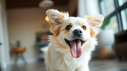 Close-Up Portrait of a Playful Fluffy Dog Running Indoors