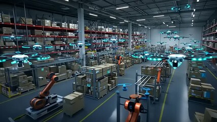 Futuristic warehouse with drones and robots in action - Powered by Adobe