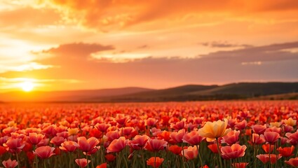 Golden Sunset Over a Vast Poppy Field
