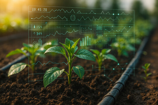 AI generated green seedlings in moist soil with drip irrigation and transparent digital interface displaying real time data symbolizing smart farming technology growth life and sustainable agriculture