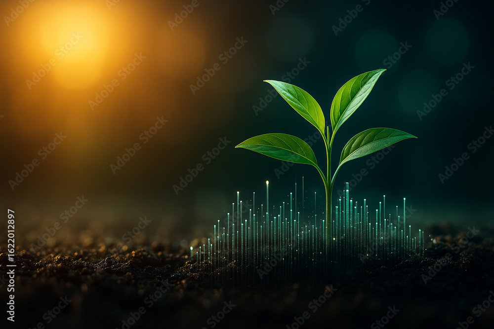 Poster ai generated vibrant green seedling in rich soil with glowing digital data streams symbolizing smart