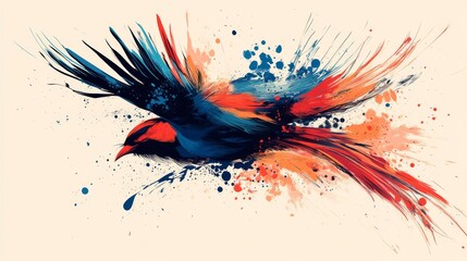 26.A vibrant vector illustration of a bird in dynamic flight, featuring bold red and blue colors with artistic splashes and strokes, set against a minimalistic background. The design showcases