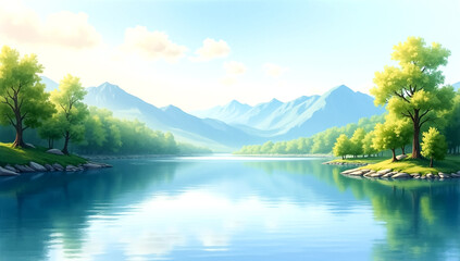 Serene mountain lake reflecting lush green trees and a bright blue sky with wispy clouds