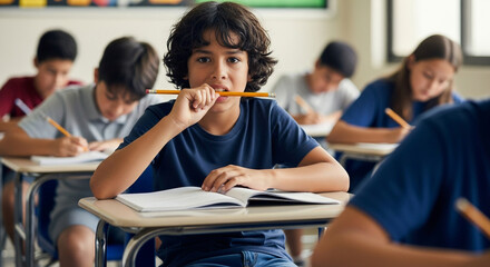 A thoughtful student bites on a pencil in a classroom, surrounded by classmates, showcasing focus and the challenges of learning in an educational setting