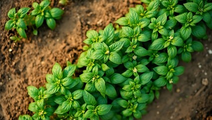 Top-Down View of Thriving Basil Plants on a Lush Farm
