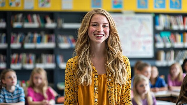Young vibrant teacher stands before class with wide smile radiating positivity in brightly lit school for education learning childhood development welcoming colorful classroom concept.