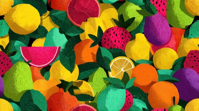 Vibrant, textured fruit medley with lemons, oranges, watermelon and plums among foliage