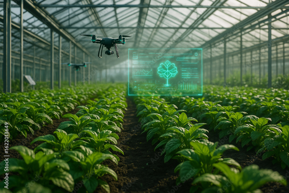 Aufkleber ai generated image of a modern greenhouse with green crops monitored by drones and holographic data 