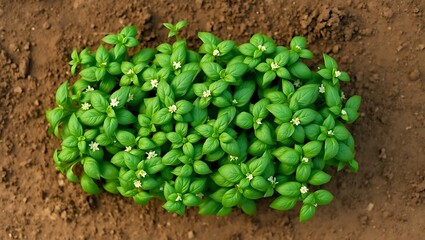 Top-Down View of Thriving Basil Plants on a Lush Farm