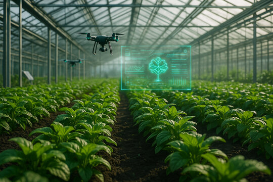 AI generated image of a modern greenhouse with green crops monitored by drones and holographic data panels symbolizing smart farming and precision agriculture in a bright futuristic setting