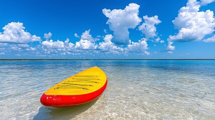 Yellow Red Paddleboard on Sandy Beach Summer Day