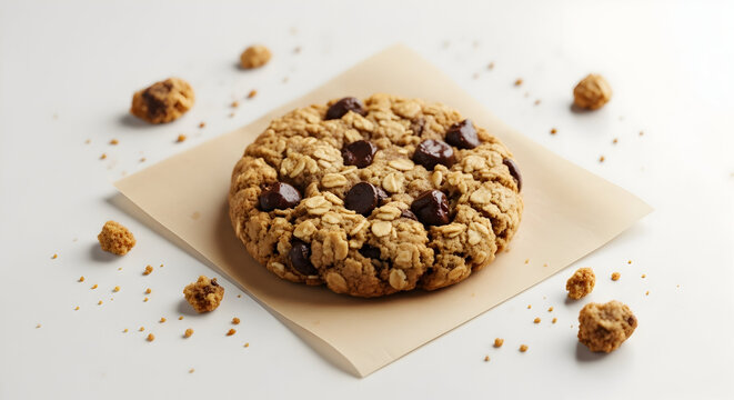Oatmeal Chocolate Chip Cookie Isolated with Crumbs Tempting Gourmet Snack and Dessert Single Cookie Minimalist Baking Delicious