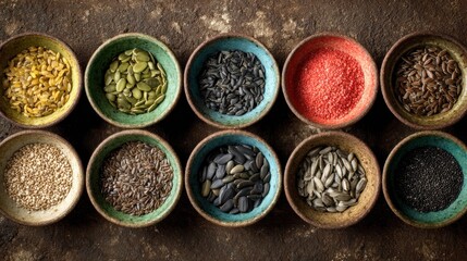 Assorted seeds in small bowls
