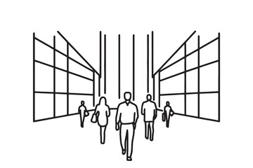 Several individuals walking in a busy office hallway, surrounded by contemporary architecture and large windows line art flat vector illustration