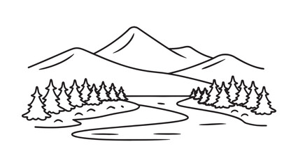 Stunning mountain landscape featuring a flowing river and lush green trees under a clear blue sky line art flat vector illustration.