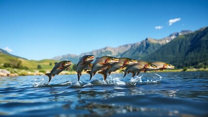 Trouts Leaping in the Air Above a Mountain Trout Farm"