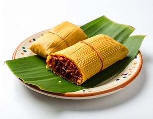 Red mole tamales served on banana leaf, unwrapped with rich pork filling.