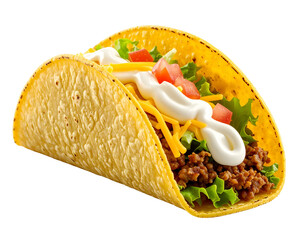 Close-up taco filled with meat, melted cheese, lettuce, and sour cream swirl in a hard shell.