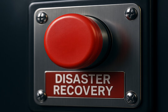 Close-up of red PUSH button labeled "DISASTER RECOVERY" on black metal surface, symbolizing emergency response, disaster recovery plan activation, and crisis management systems
