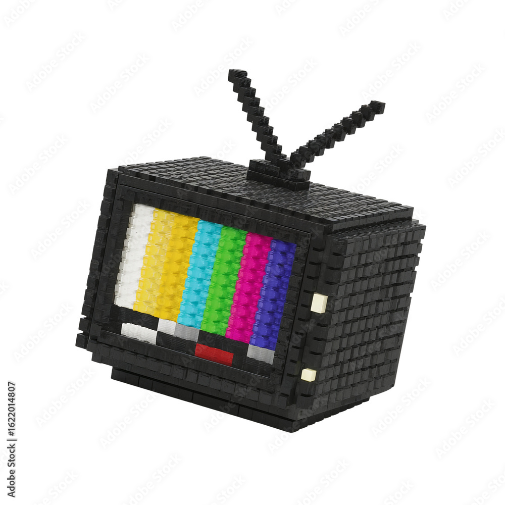 Poster retro pixelated television set with vibrant test pattern display against transparent area