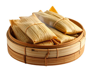 Tamales placed inside a bamboo steamer basket with steam rising, traditional preparation method.