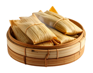 Tamales placed inside a bamboo steamer basket with steam rising, traditional preparation method.