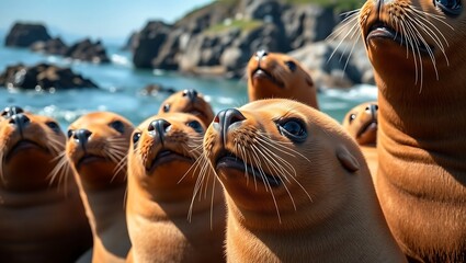 "Close-Up of Adorable Stellar Sea Lions on the Northern Vancouver Island Coast, BC"