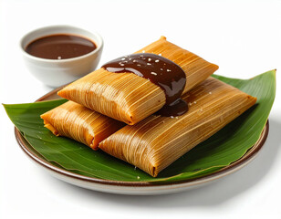 Tamales on banana leaf drizzled with mole sauce, plated in a traditional and festive style.
