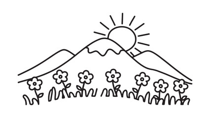  The sun casts a warm glow over a mountain, surrounded by vibrant flowers and verdant grass line art flat vector illustration
