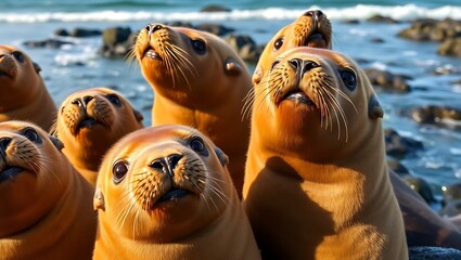 "Close-Up of Adorable Stellar Sea Lions on the Northern Vancouver Island Coast, BC"