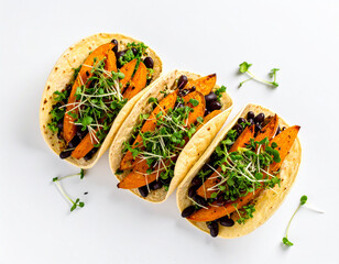 Vegan tacos filled with roasted sweet potatoes and black beans, garnished with herbs, healthy choice.