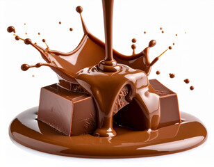 Artistic pour of mole sauce over chocolate blocks in mid-motion, emphasizing texture and smooth flow.