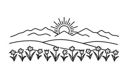 The sun rises over a mountain range, illuminating grass and flowers in a vibrant display of nature's beauty line art flat vector illustration.