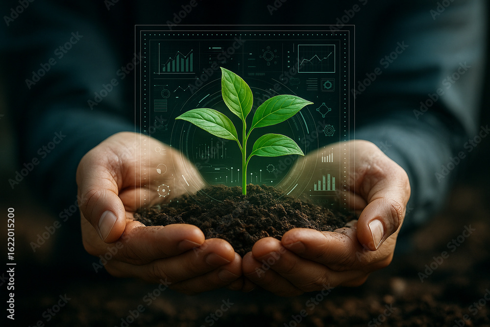 Poster ai generated young seedling held by human hands with floating digital interface representing smart a