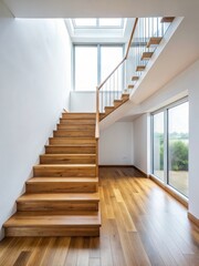 Obraz premium Wooden stair case in a minimalist white room with a large window above it