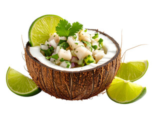 Shrimp ceviche served in a coconut shell with lime and herbs, vibrant tropical style.