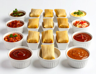 Mini tamales party set with ramekins of salsa and sauce, top view arrangement.