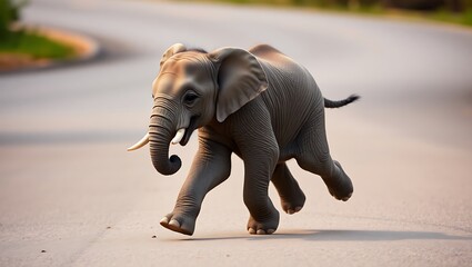 Adorable Baby Elephant Joyfully Running Down a Road &ndash; Blurred Background