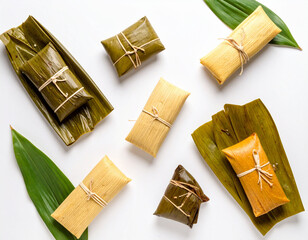 Variety of tamales including rajas, mole, and sweet fillings, unwrapped and wrapped.