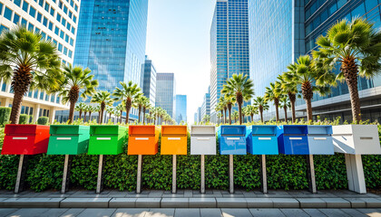 "Colorful Mailboxes in a Modern Cityscape with Palm Trees and Glass Buildings"