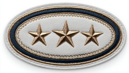 A leather embroidered patch with three stars on it, in an oval shape. The background is white, with a dark blue and gold color scheme.