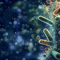 Fototapeta premium Microscopic View of Colorful Bacteria with Soft Focus Background Showing Cells and Particles in a Vibrant and Abstract Scientific Illustration