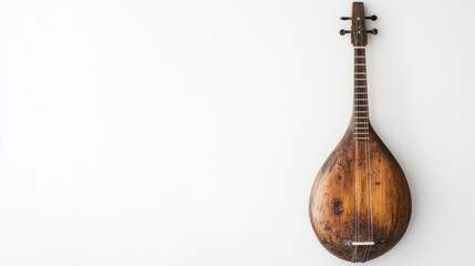 A saz with a wooden neck and body, space for text on the right side, set against a white background