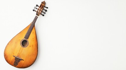 A saz with a wooden neck and body, space for text on the right side, set against a white background