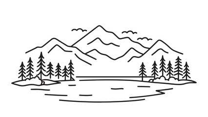 Tranquil lake encircled by vibrant trees and towering mountains, reflecting the natural beauty of the landscape line art flat vector illustration